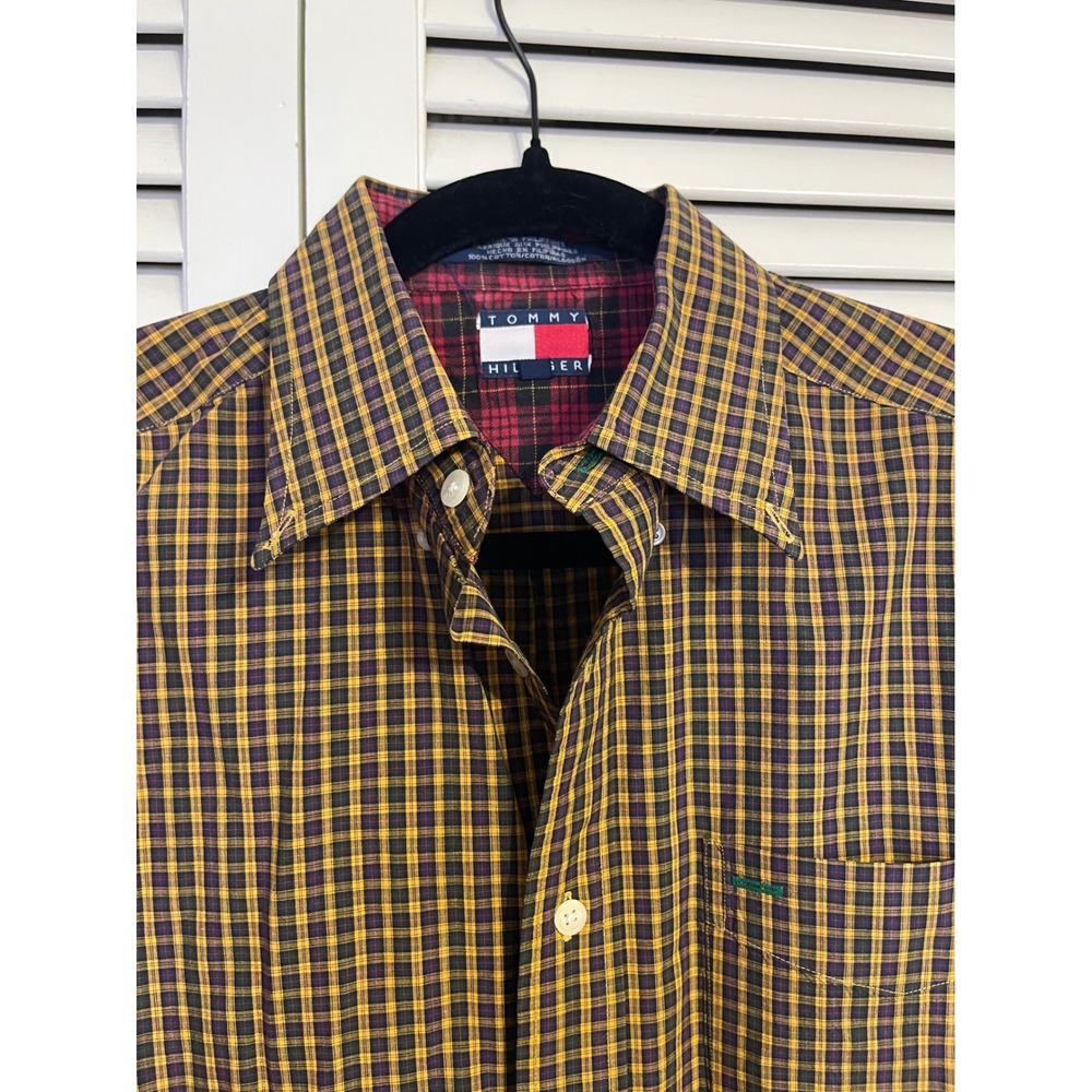 Vintage Tommy Hilfiger Plaid Button Up Shirt Crest Collegiate Mens Medium - Picture 12 of 12